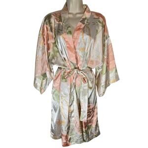 Pastel Satin Rose Floral Kimono‎ Robe Coverup Peony Pink Boho Paisley Knee Large